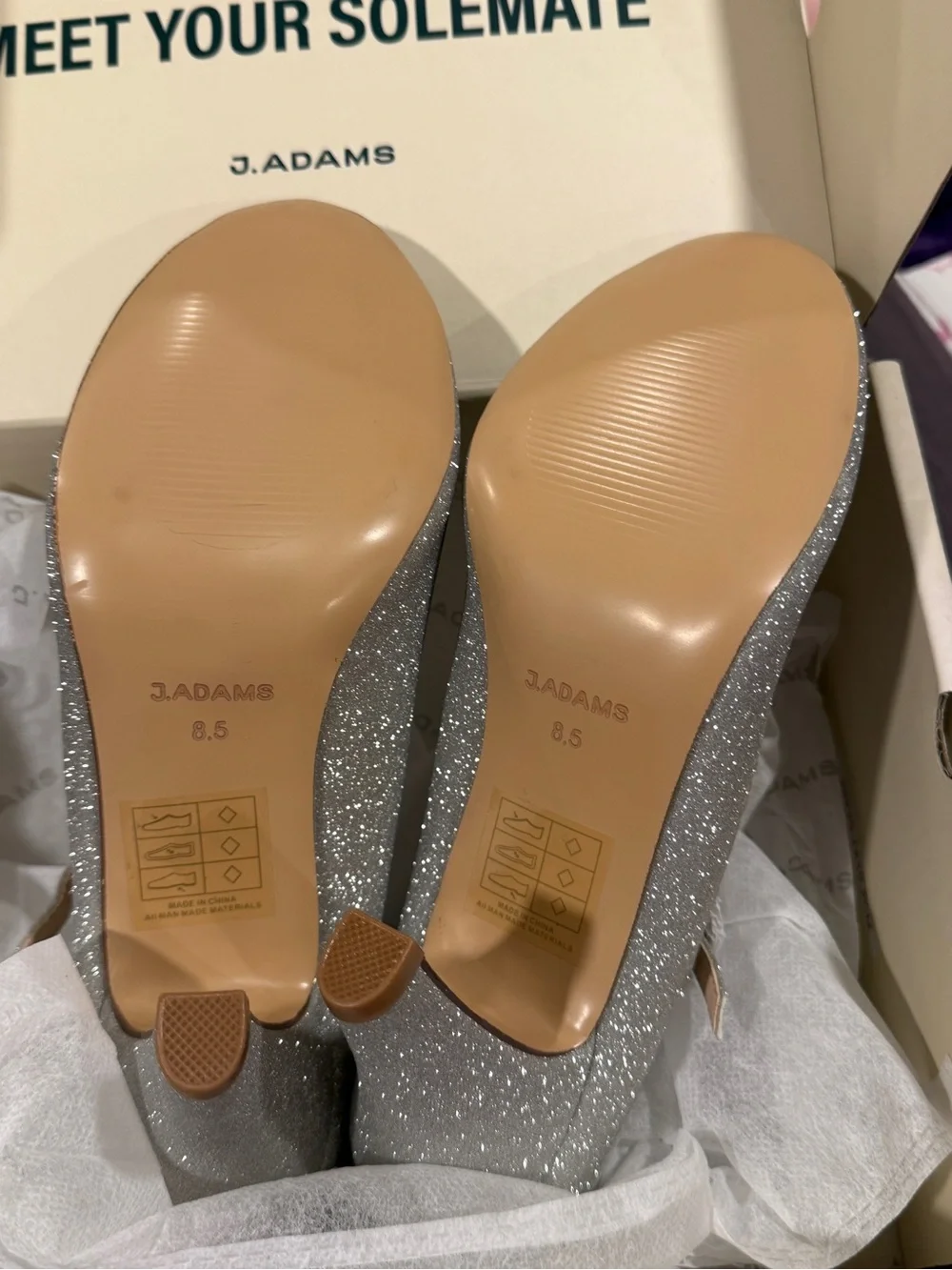 J. Adams Honey Silver Glitter Mary Jane Heels with Ankle Strap
